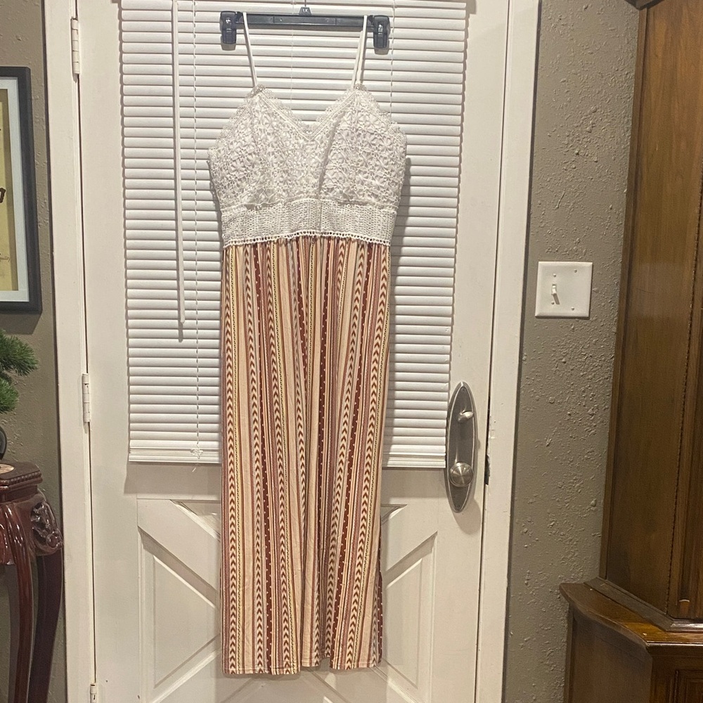 No Boundaries Cream Lace and Brown Striped Midi Dress